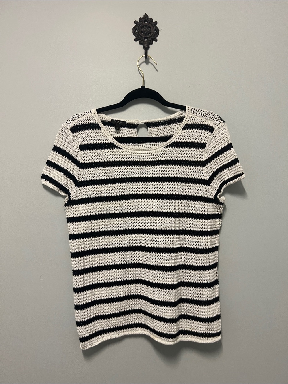 Classic Talbots Black and White Striped Short-Sleeve Knit Top Large Petite